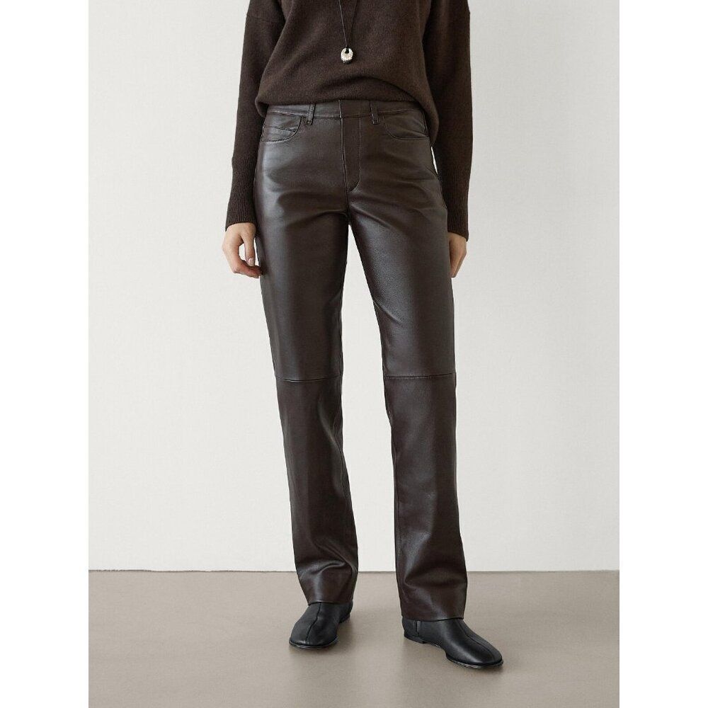 Massimo Dutti Womens Pants Large L Brown Nappa Leather Straight Leg 5331/881 NWT